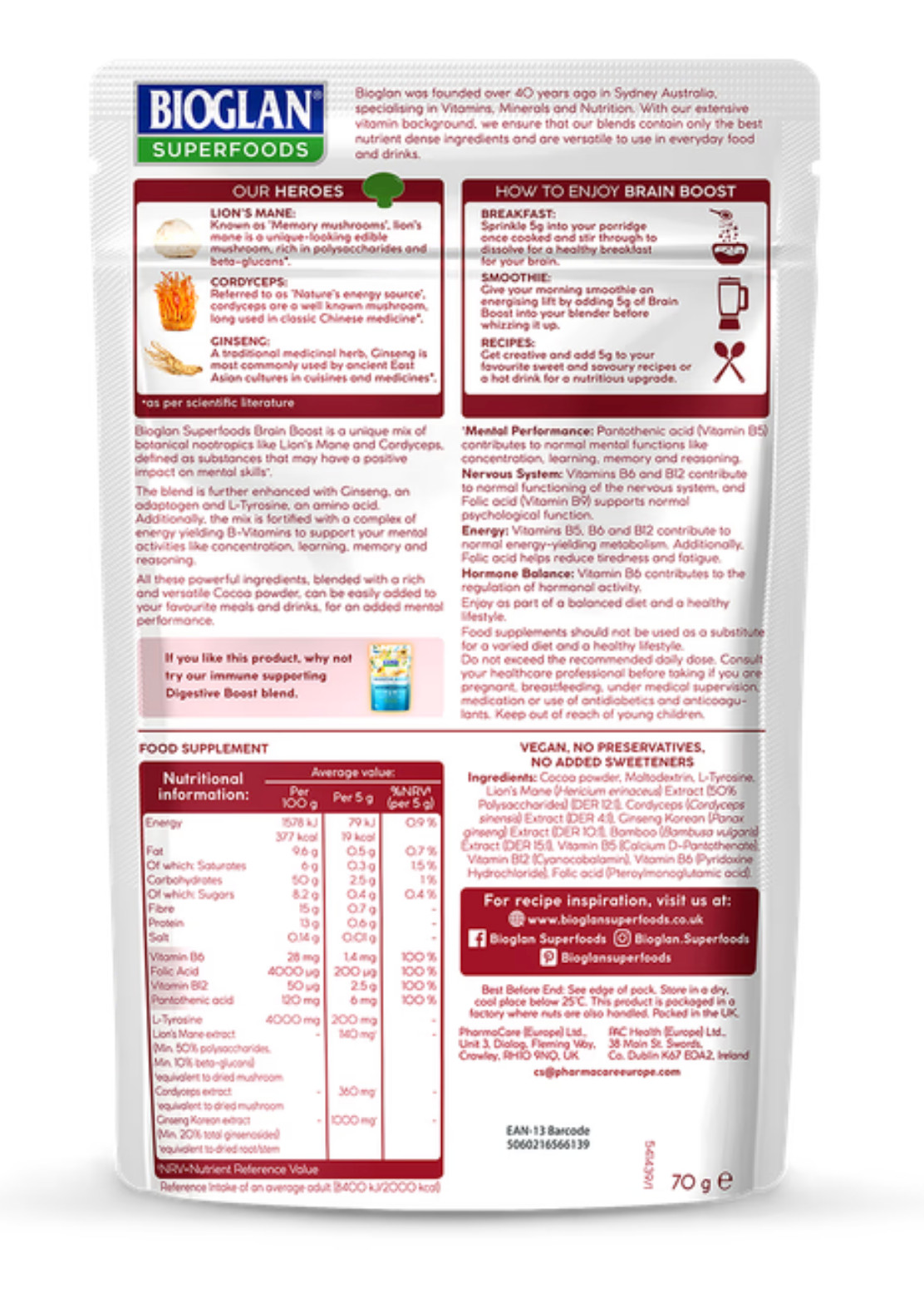 Bioglan Superfoods BRAIN BOOST Mushrooms + Nootropics Mental Health