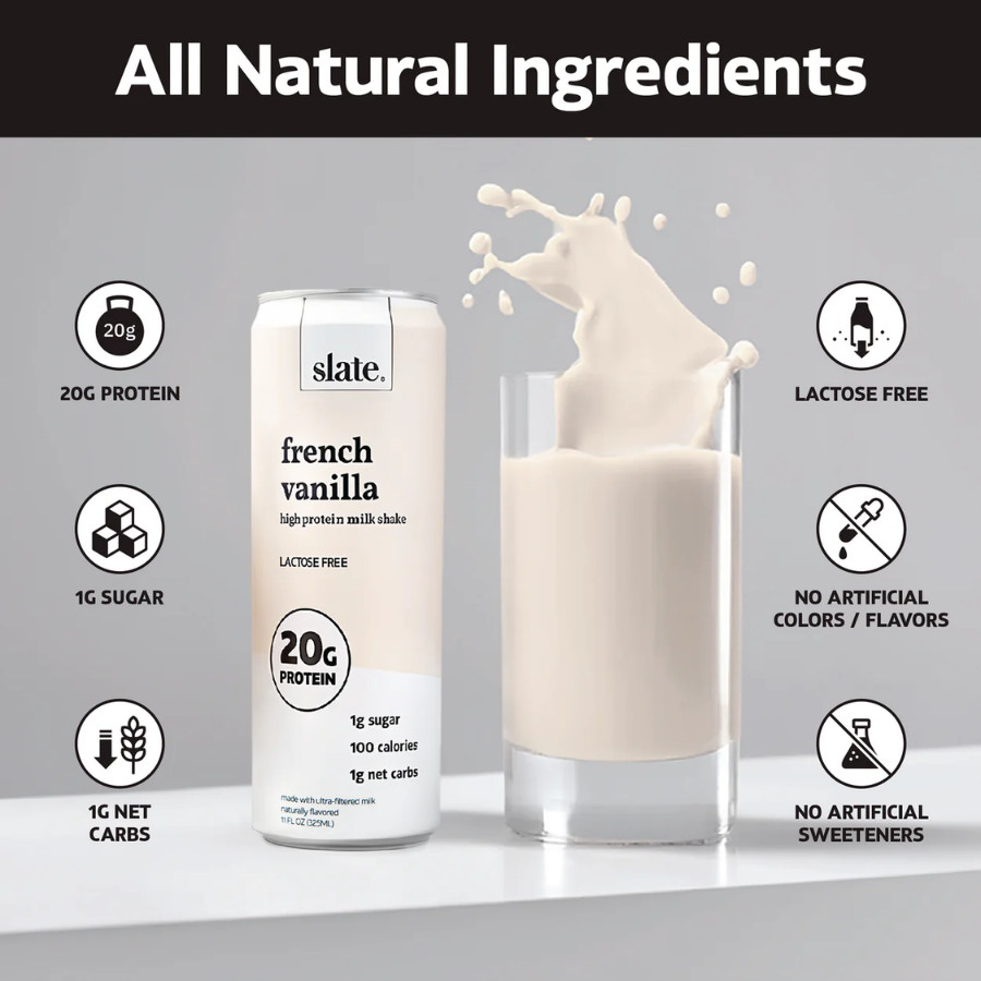 Slate 20G Protein Milk Shakes – Keto, French Vanilla Shake (11 fl oz), 12 Cans