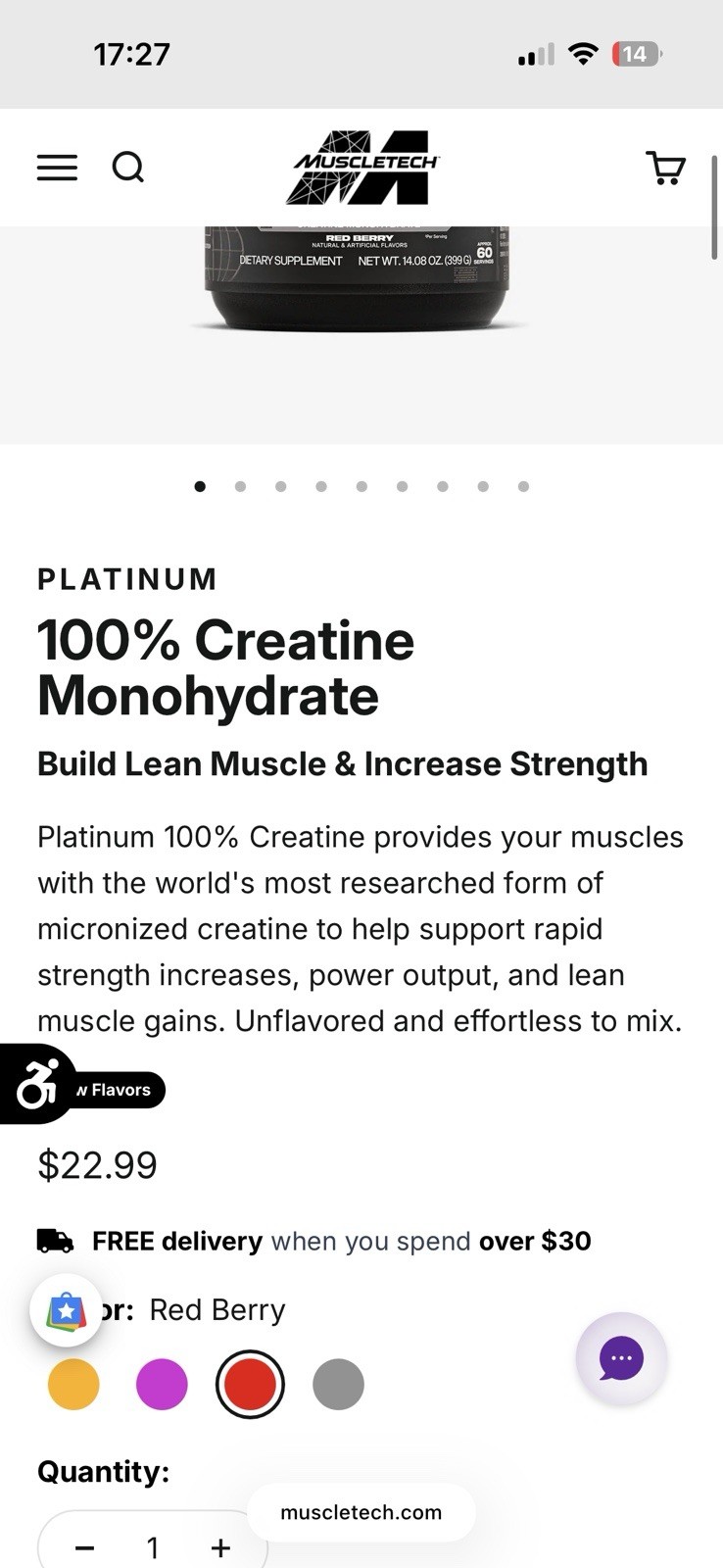 MuscleTech Platinum Micronized Creatine Monohydrate Red Berry 5g 14.08 oz
