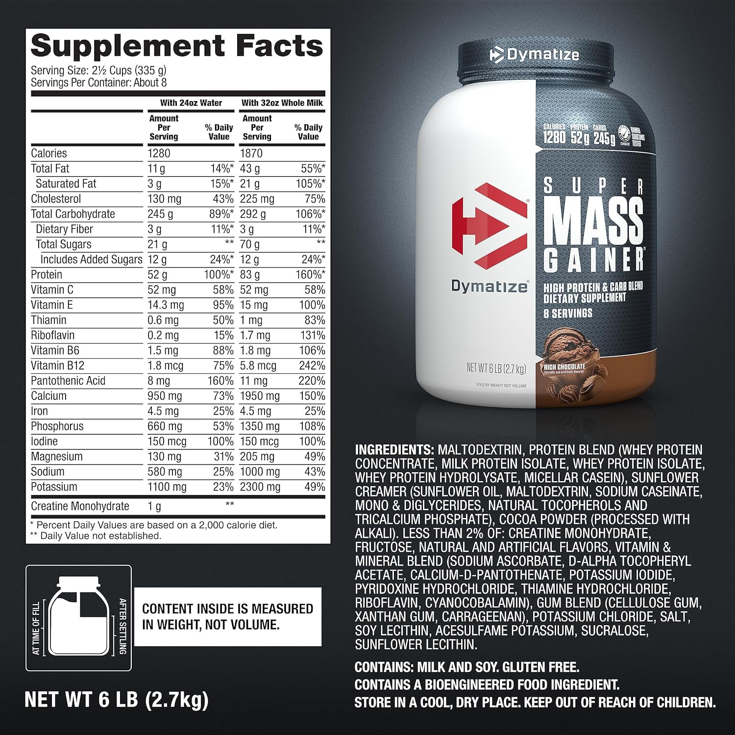 Super Mass Gainer Protein Powder, Rich Chocolate, 52G Protein, 1G Creatine, 1280
