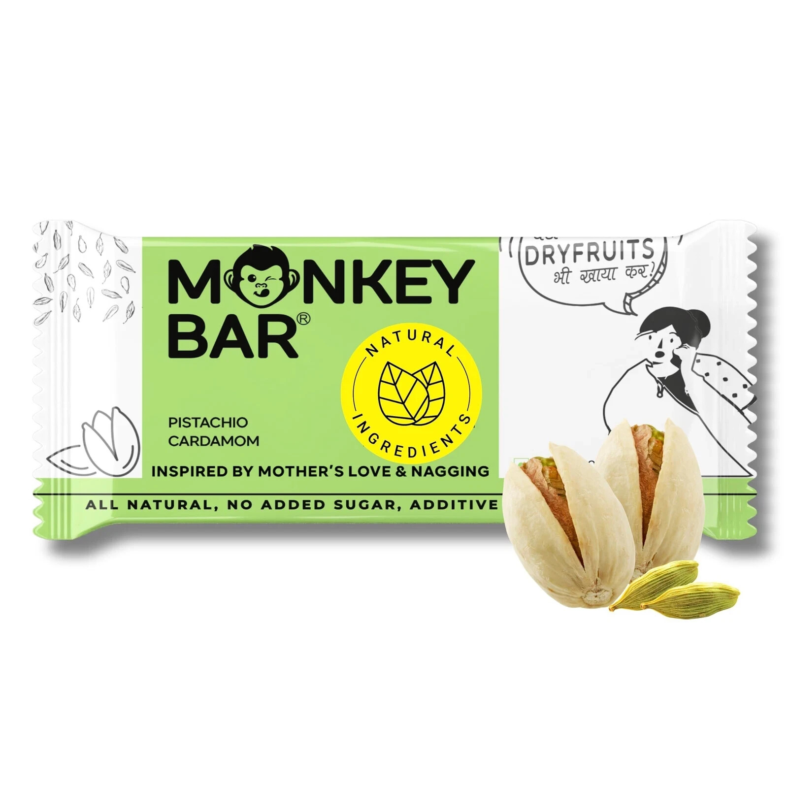 MONKEY BAR – Pistachio Cardamom Protein Bar – 8 Bars, 50g each, 11g Protein, Hig