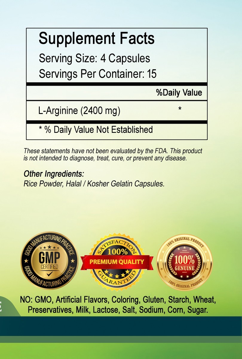 L-Arginine Capsules 2400mg Serving- Fresh.