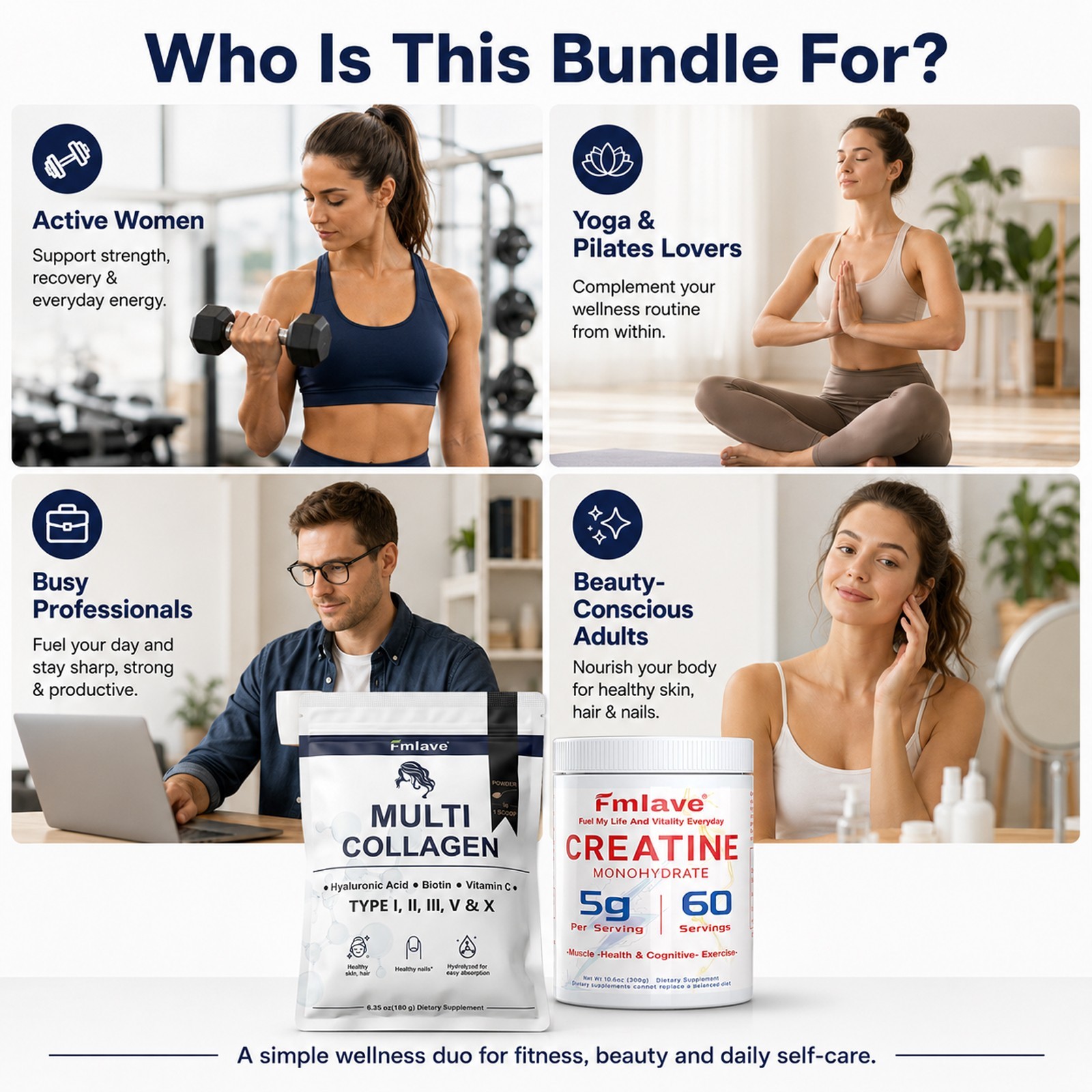 Creatine for Women + Collagen Peptides 5G Each – Muscle, Beauty, Performance 2pc
