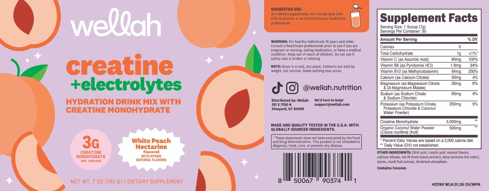 Wellah Creatine + Hydration Powder (White Peach Nectarine) 30 Servings