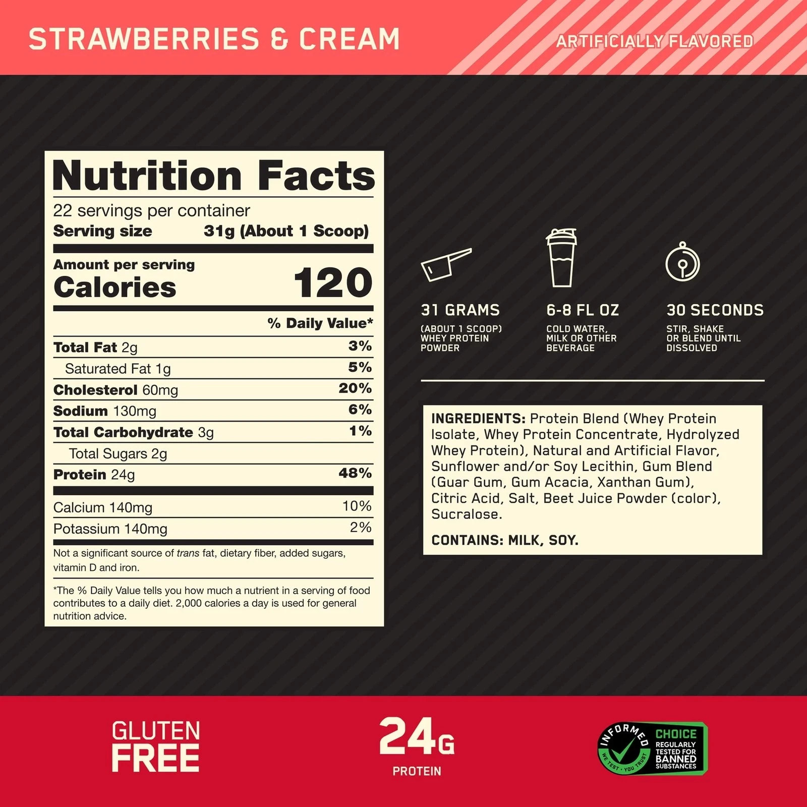 Gold Standard 100% Whey Protein Powder, Strawberries & Cream, 22 Servings