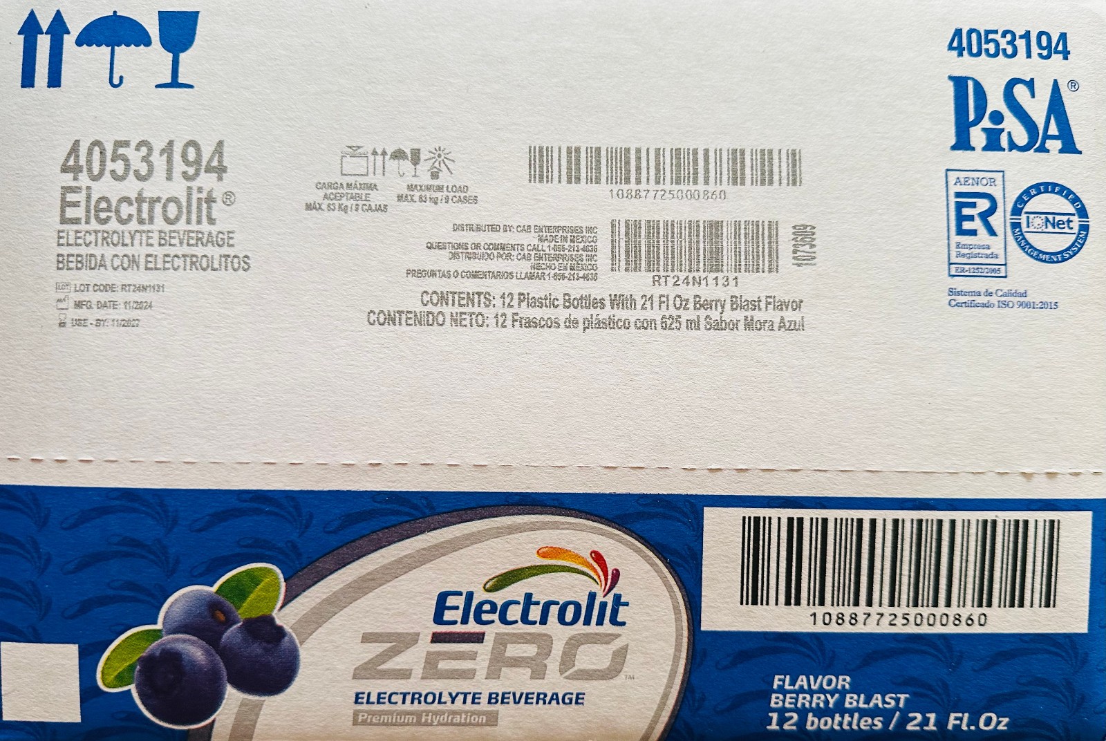 Electrolit Zero Berry Blast Electrolyte Drink Pack of 12 21 Fl Oz Instant Hyd…