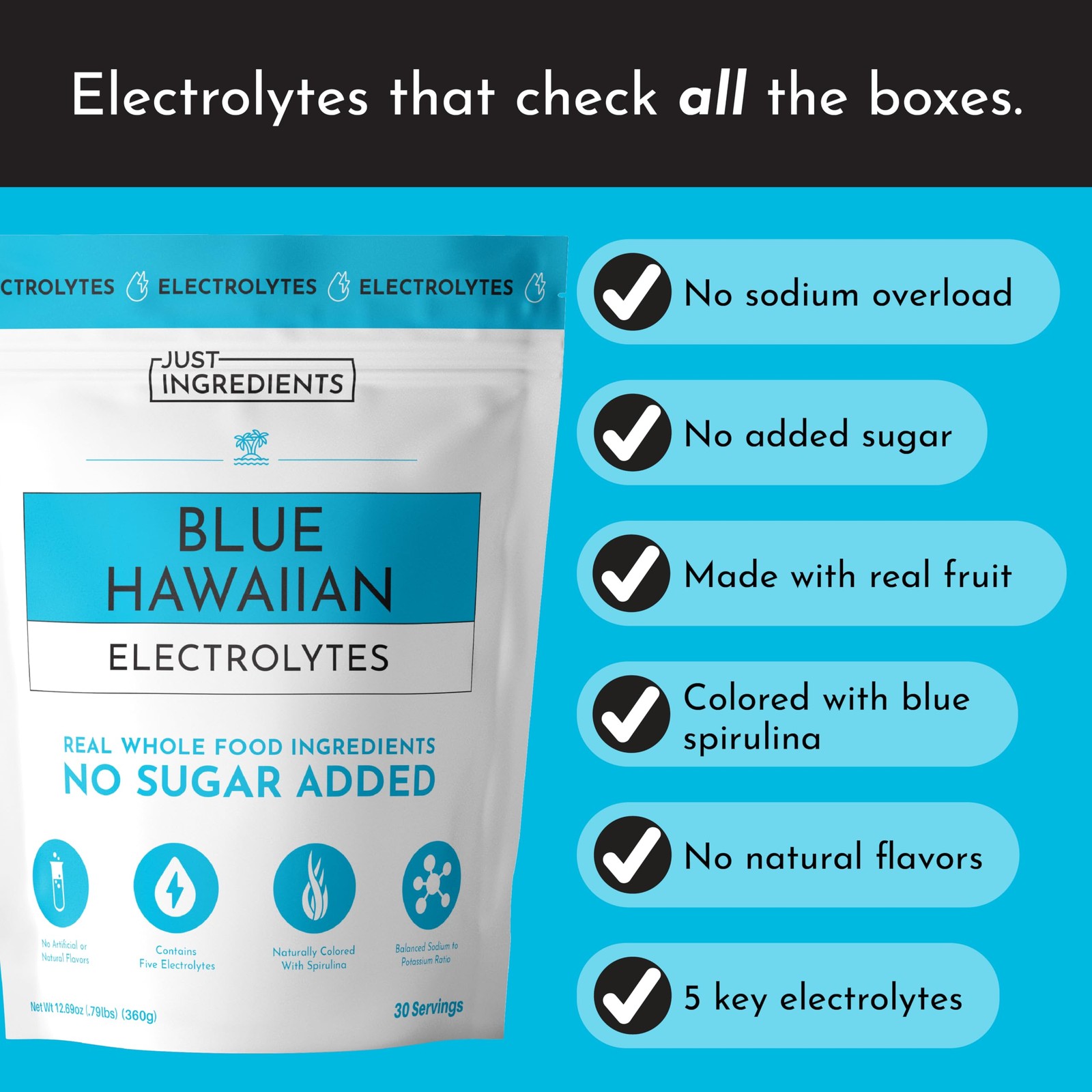 Just Ingredients Blue Hawaiian Electrolytes Drink Mix 30 Coconut Water 5 Key