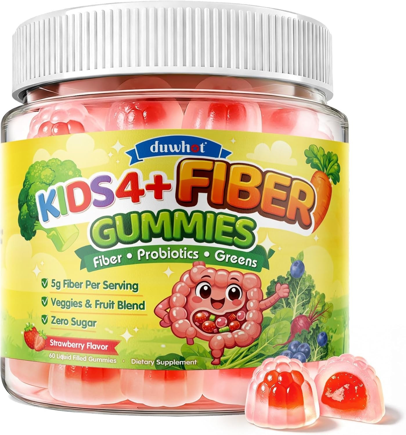 duwhot brand Kids Fiber Gummies 5g, Prebiotic Fiber Supplement with Probiotics