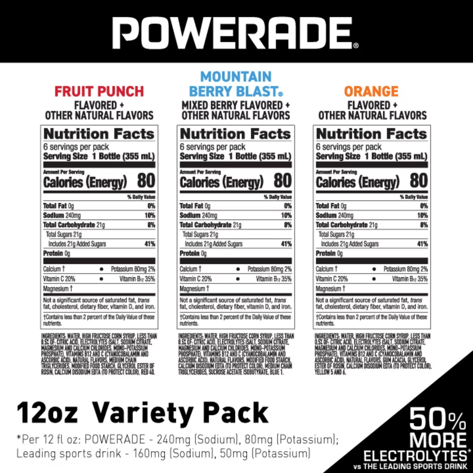POWERADE Variety Pack Sports Drink Electrolyte Hydration 12 fl oz 18 Pack Cans