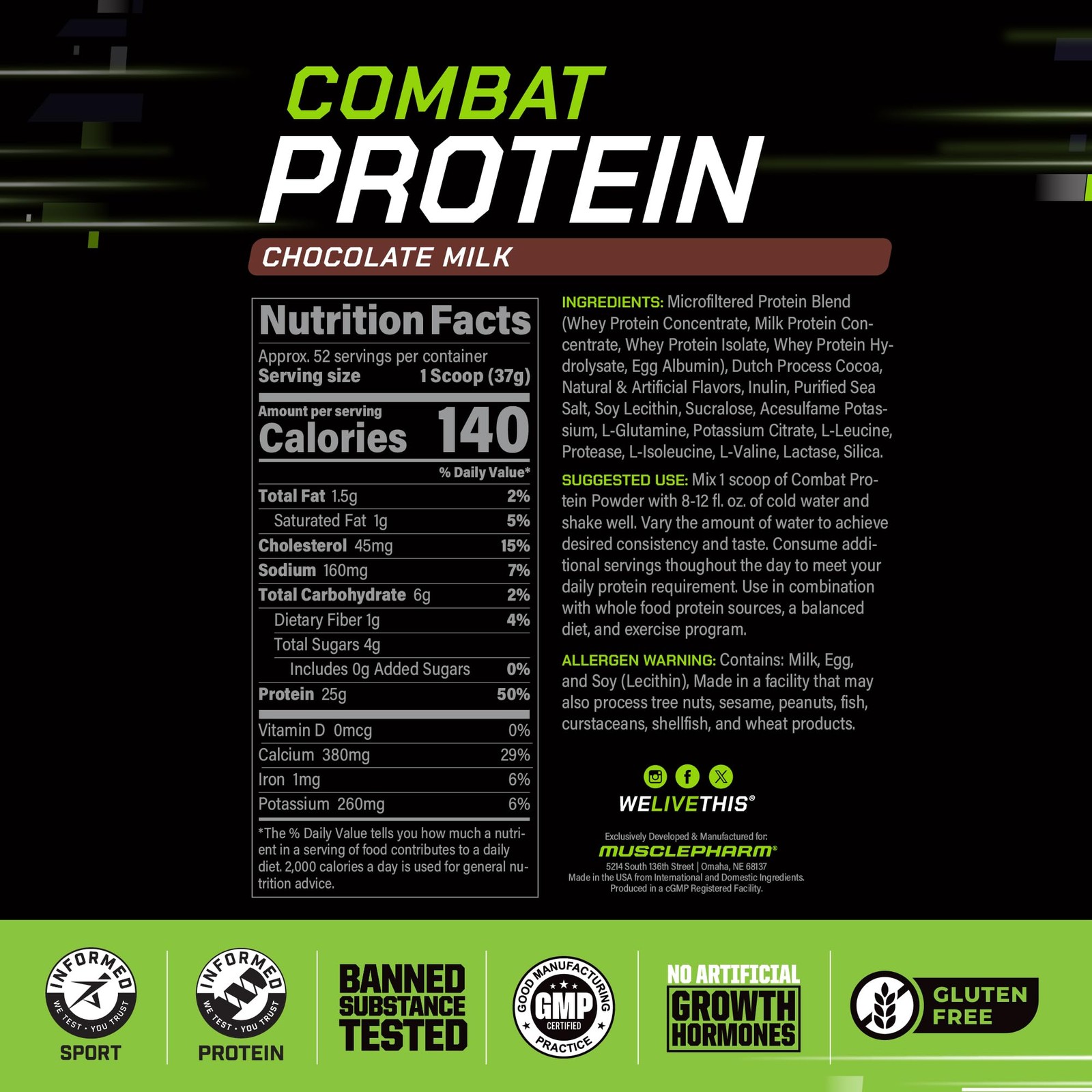 Musclepharm Combat Protein Powder, Chocolate Milk – 4 Lb – Sin Gluten – 52 Po…