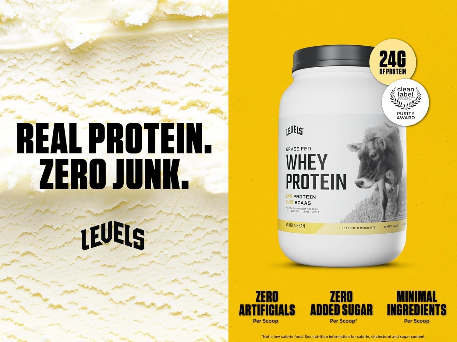 Levels Grass Fed Whey Protein Powder, No Artificials, 24G of Protein, Vanilla Be