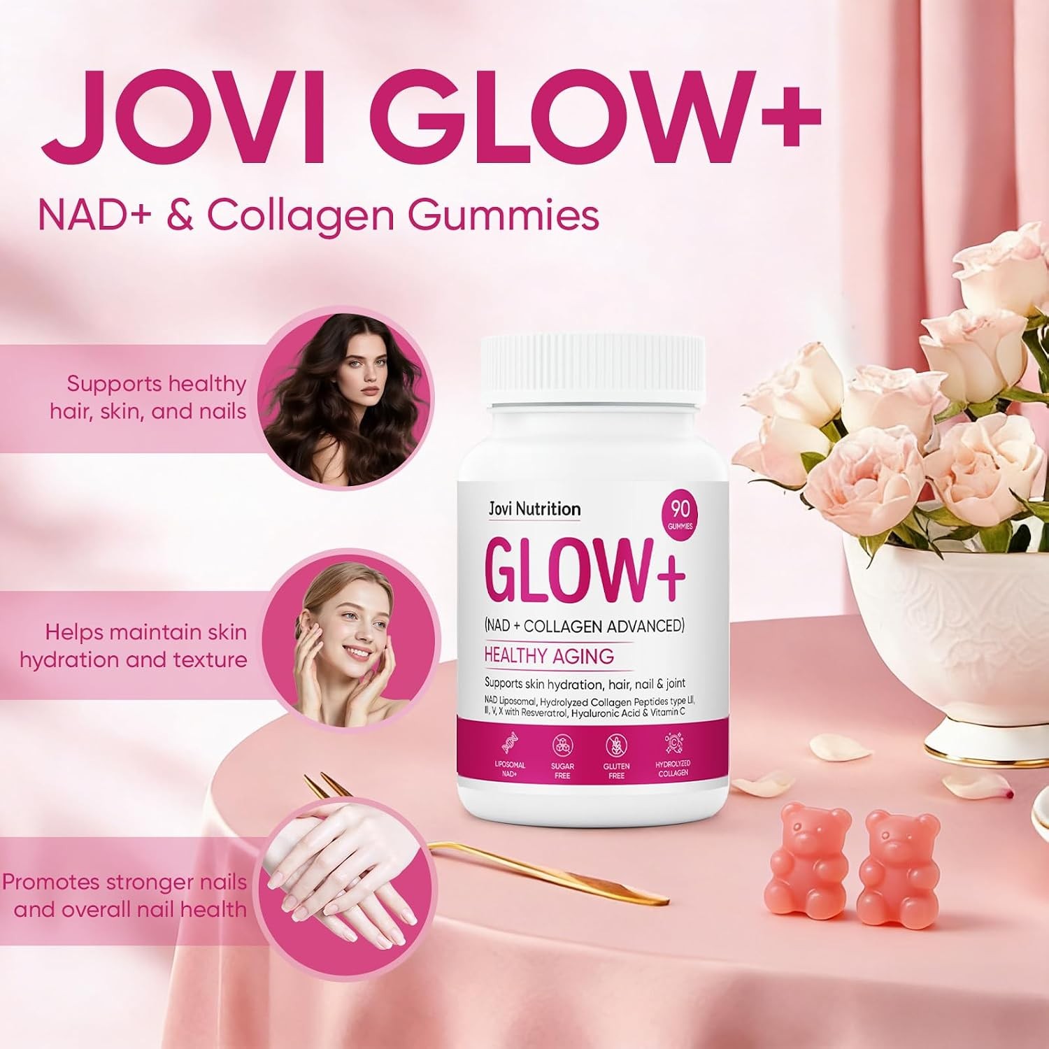 Jovi Glow+ NAD+ & Collagen Gummies, Multi-Type Hydrolyzed Collagen Peptides, Res