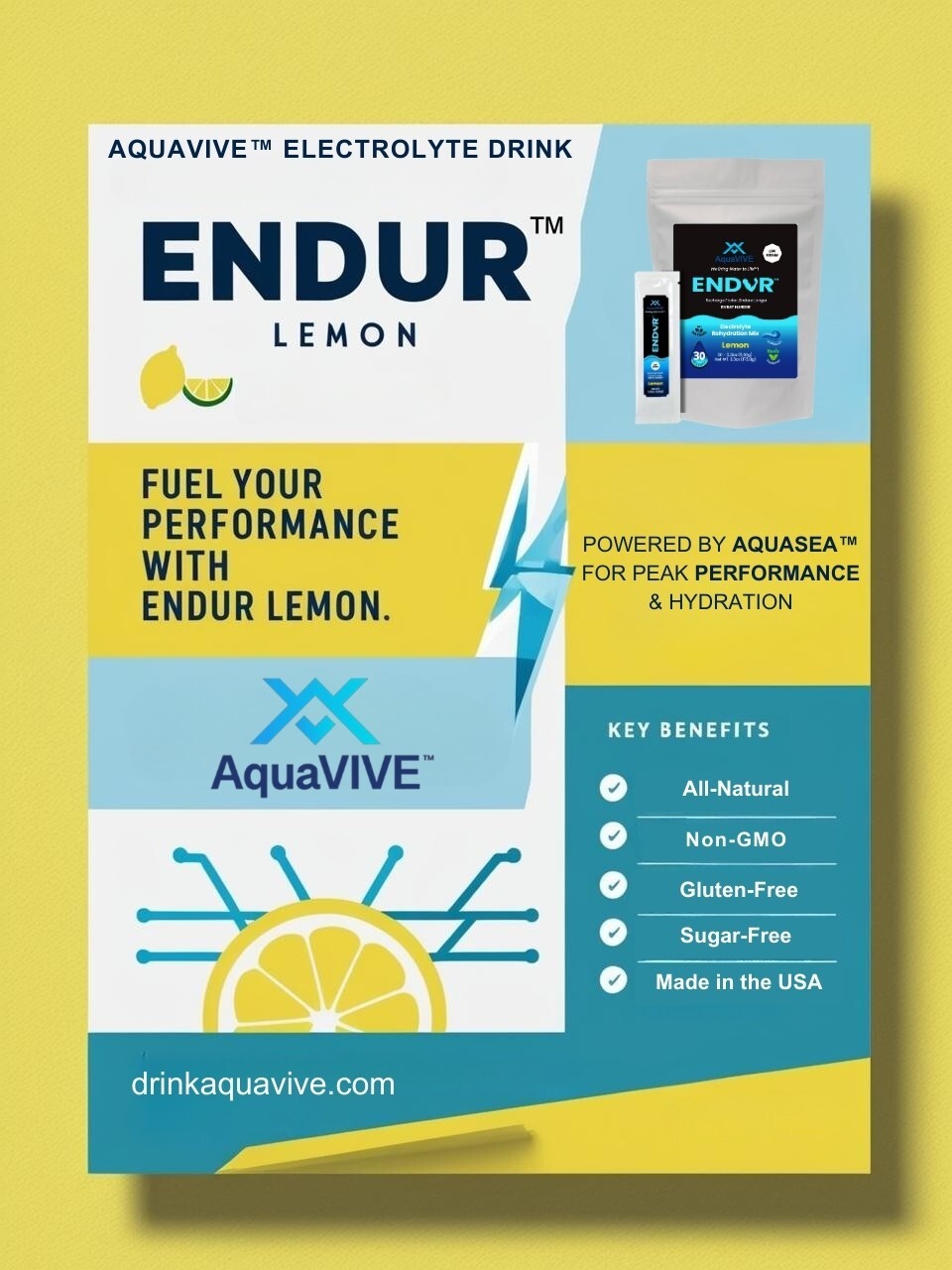 AquaVIVE™ ENDUR™ Lemon Electrolyte Powder Drink Mix Magnesium Glycinate 16 Packs