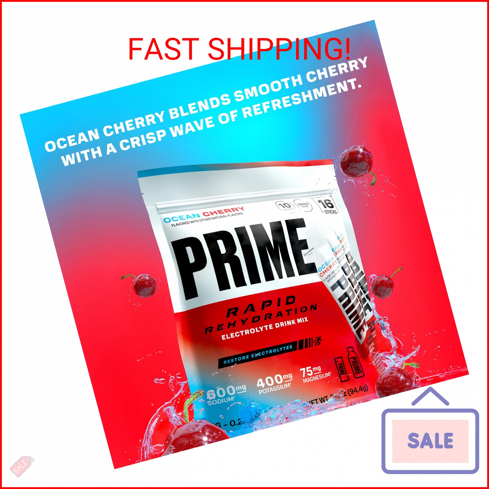 Prime Rapid Rehydration Electrolyte Powder Sticks, Ocean Cherry, Sugar Free Hydr