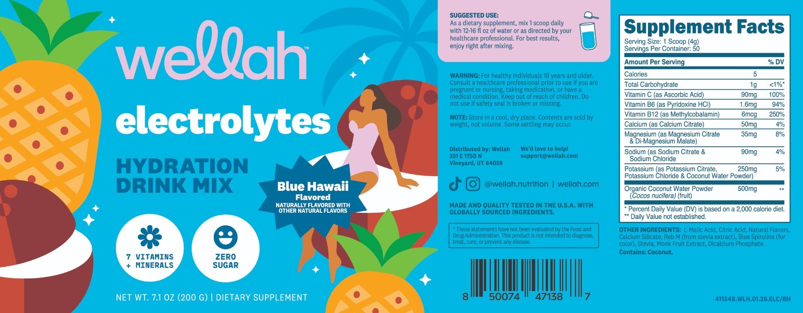 Wellah Electrolytes Powder (Blue Hawaii) 50 Servings – Hydration Drink Mix