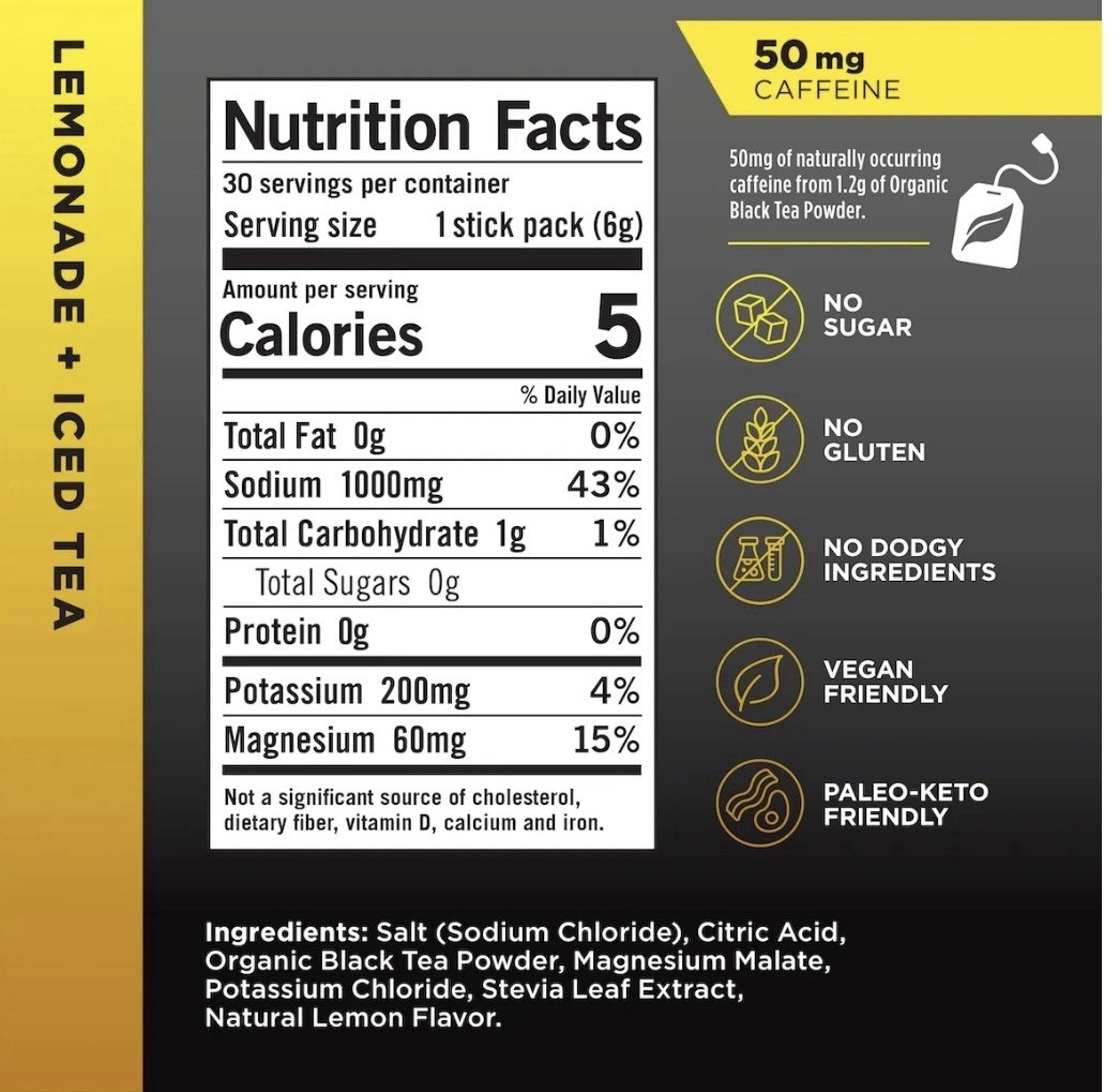 LMNT Caffeinated Electrolyte Drink Mix Lemonade Iced Tea 30 Stick Packs New