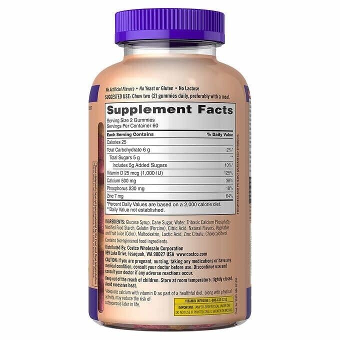 Kirkland Signature Calcium 500 MG With D3 & Zinc, 120 Adult Gummies