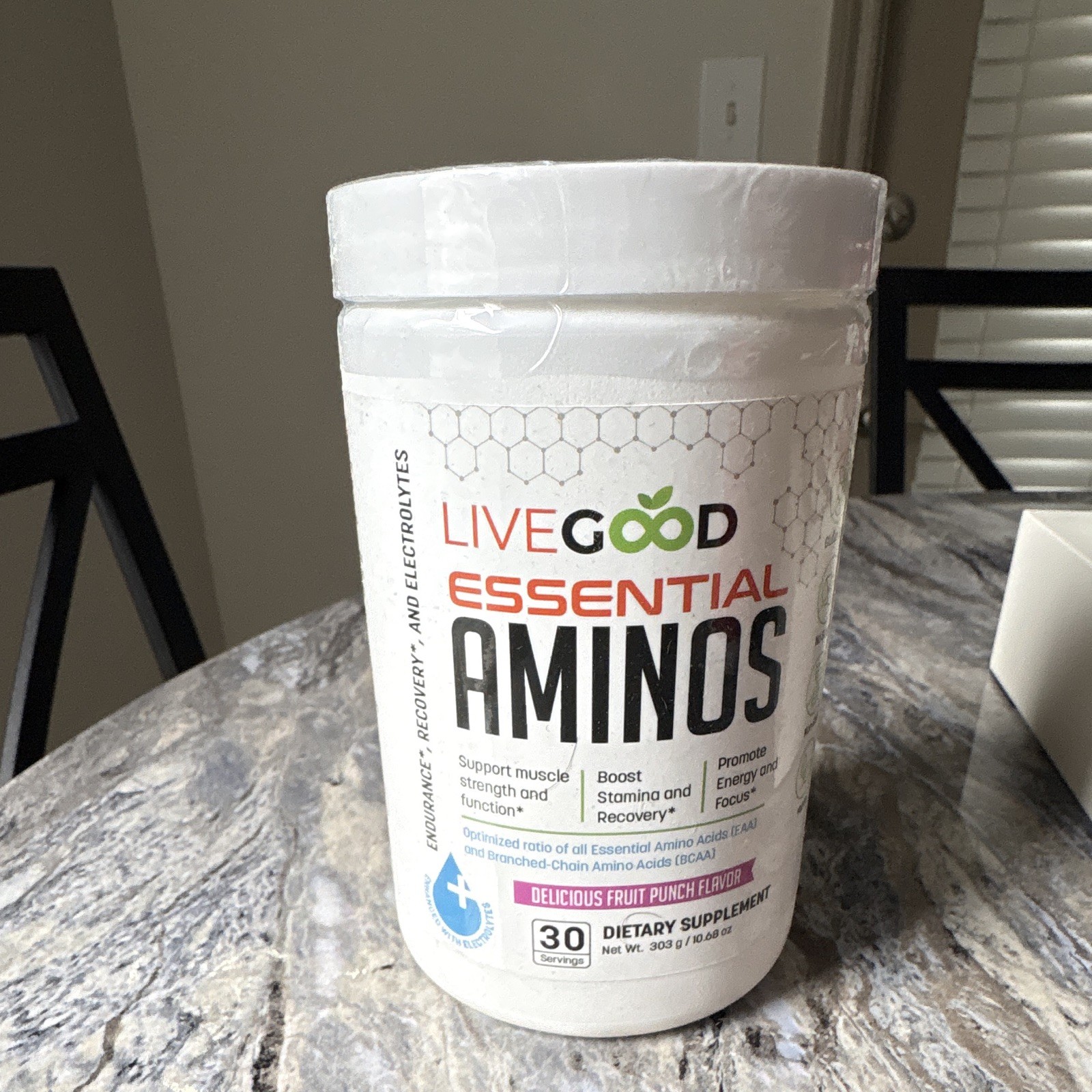 LiveGood Essential Aminos Powder Fruit Punch Endurance/Recovery 30 Serv 10.68oz