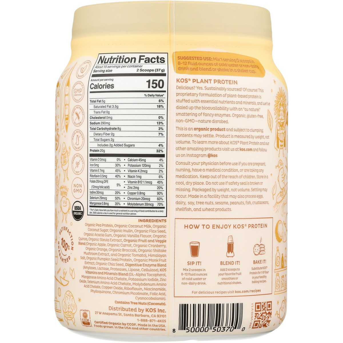 Kos Natural Powered Organic Plant Protein Powder Vanilla 19.6 Oz 1 Pack