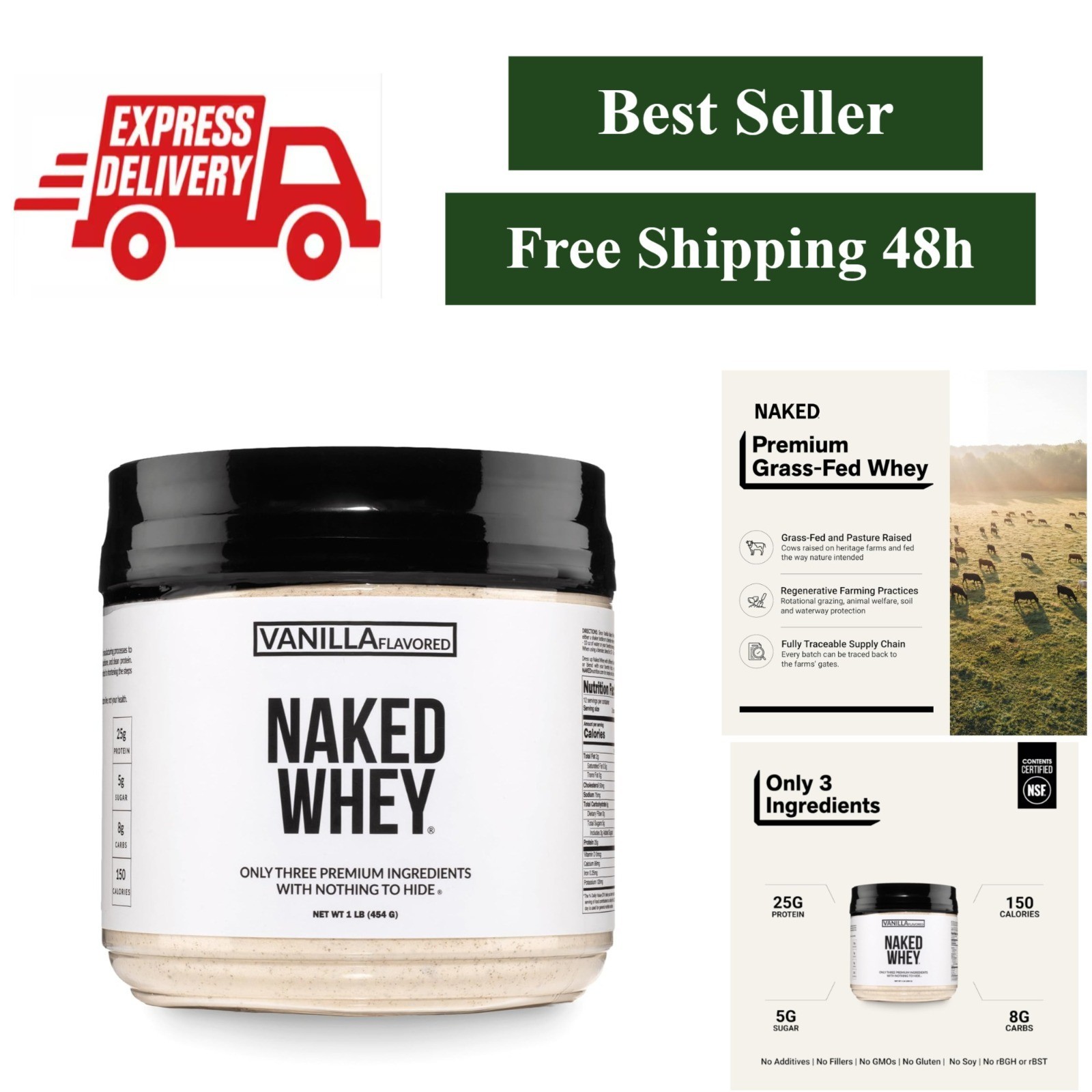 NAKED Vanilla Whey Protein 1Lb – All Natural, Grass Fed, Muscle Growth