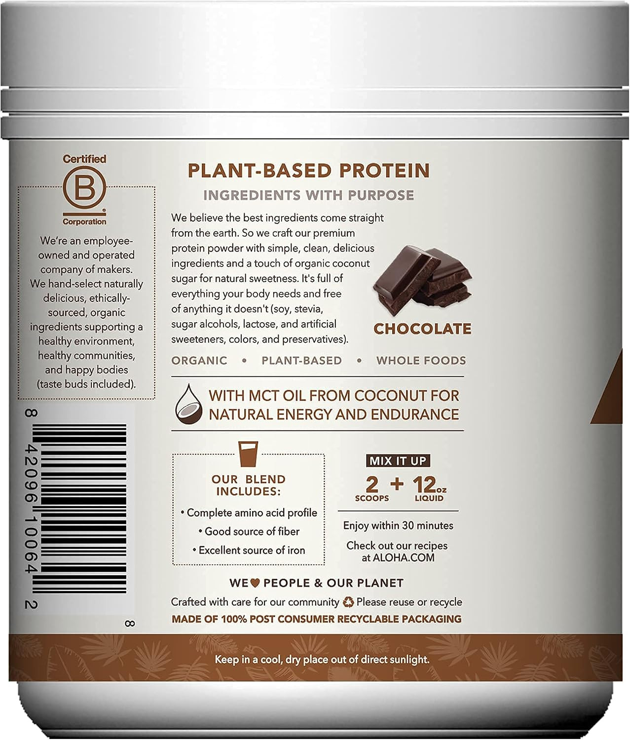 Organic Plant Based Protein Powder, Stevia Free, Chocolate, 19.6 Oz, 15 Servings