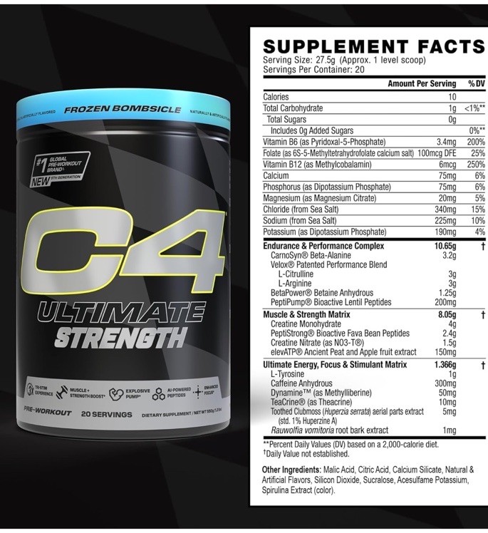 C4 Ultimate Strength, Pre-Workout, Frozen Bomsicle, 1.23 lbs (558 g) 20 servings