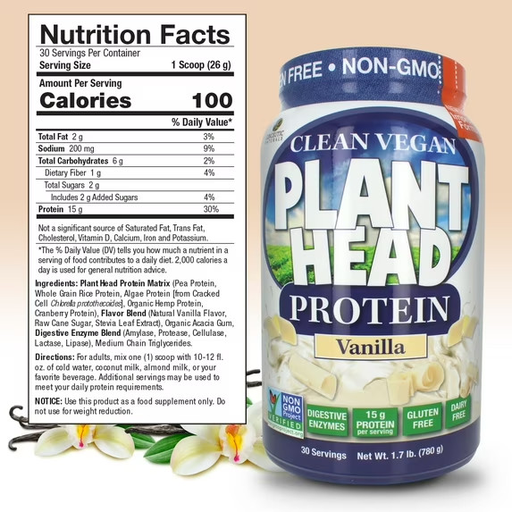 Genceutic Naturals Plant Head Protein Vanilla 1.7 lbs / 780 g Each (Pack of 4)