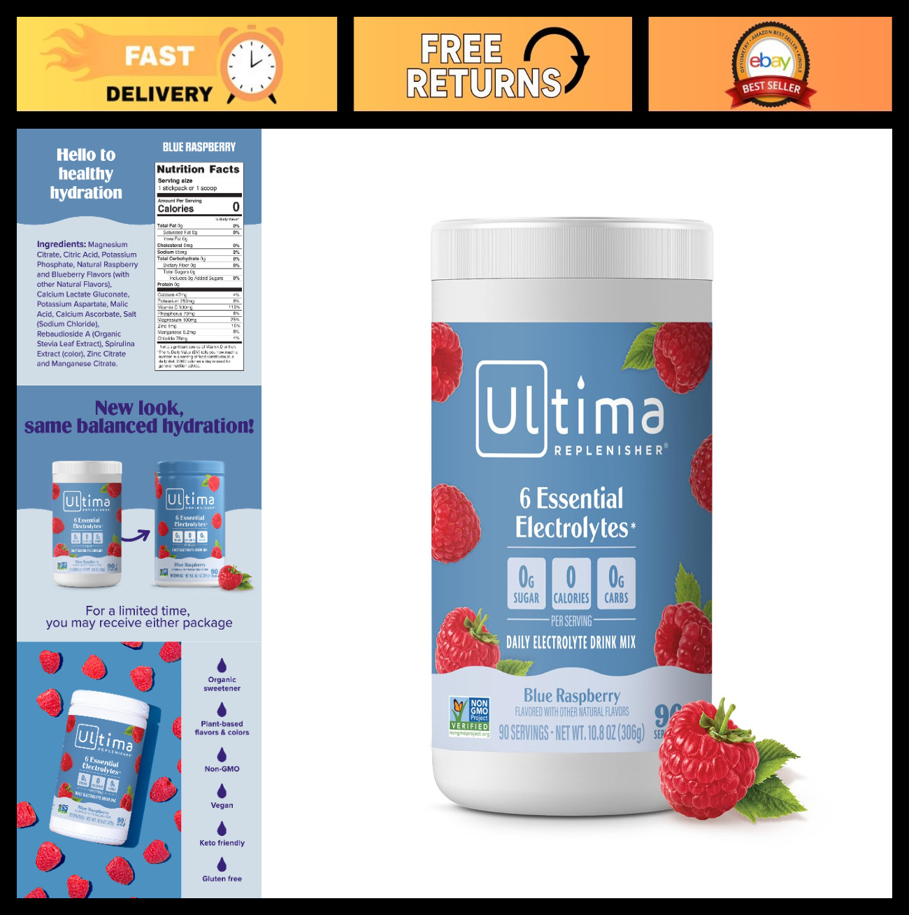 Electrolyte Powder Drink Mix – 90 Servings, Zero Sugar Blue Raspberry, Keto Frie