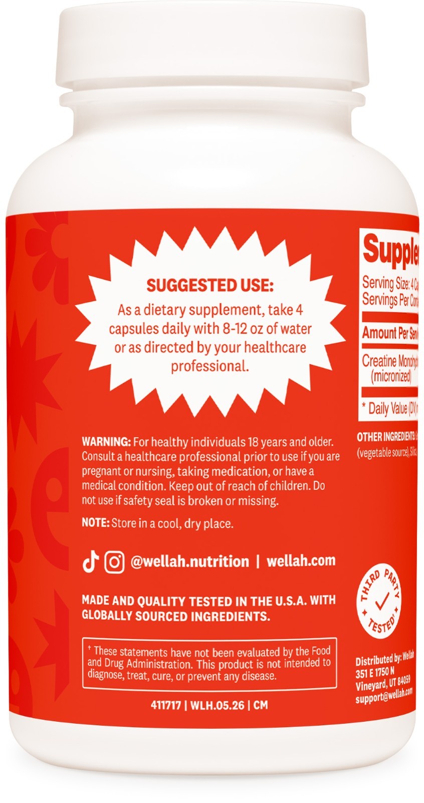 Wellah Creatine Monohydrate Capsules (3000 mg) 120 Capsules – Micronized