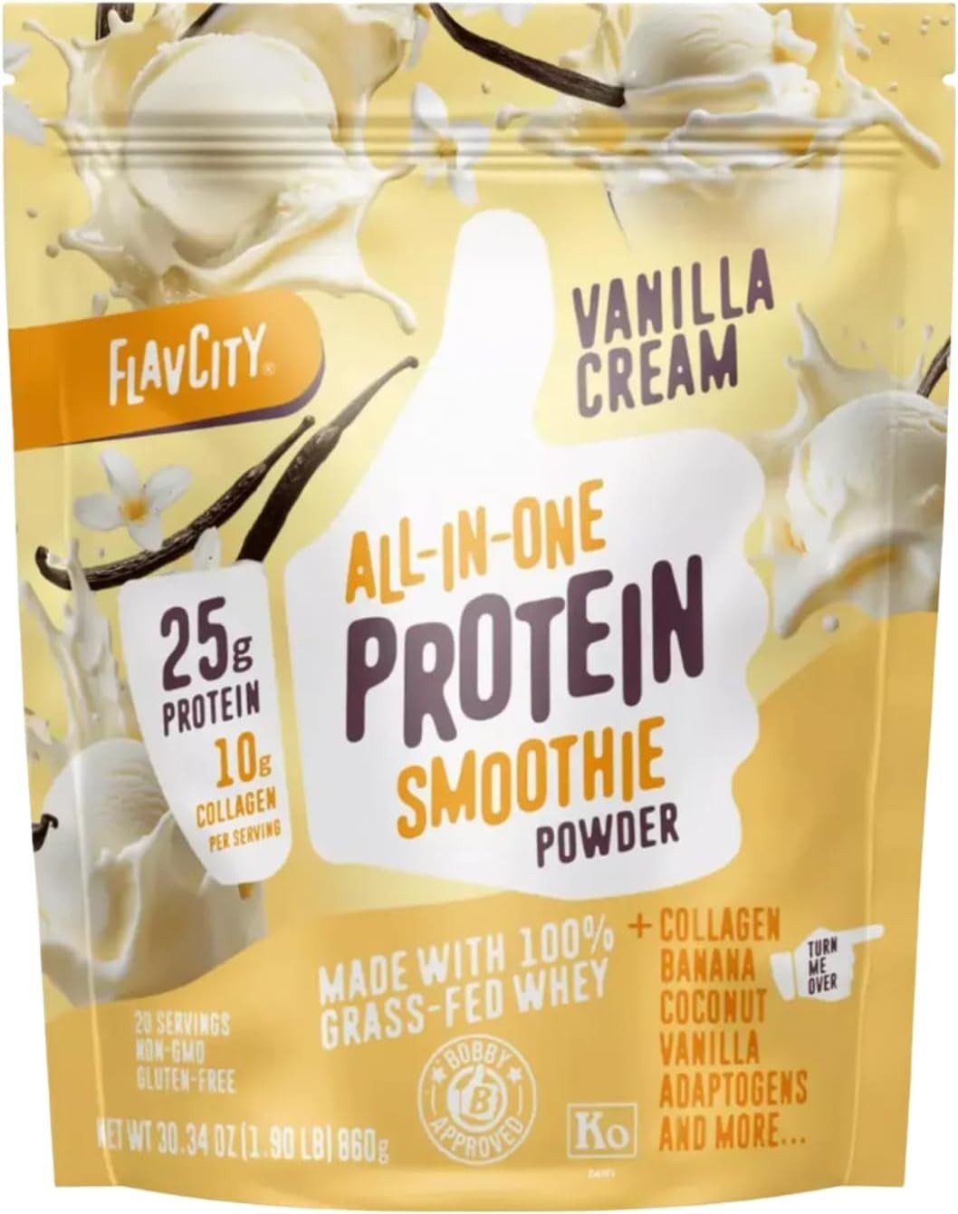 FlavCity Grass Fed Whey Protein Powder – Vanilla Smoothie – 25g Protein & 10g Co