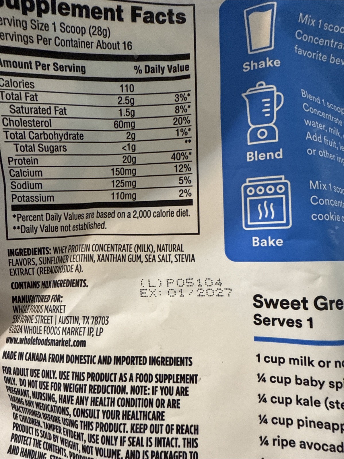 365 Whole Foods Market Whey Protein Concentrate Vanilla 16oz Exp 1/27