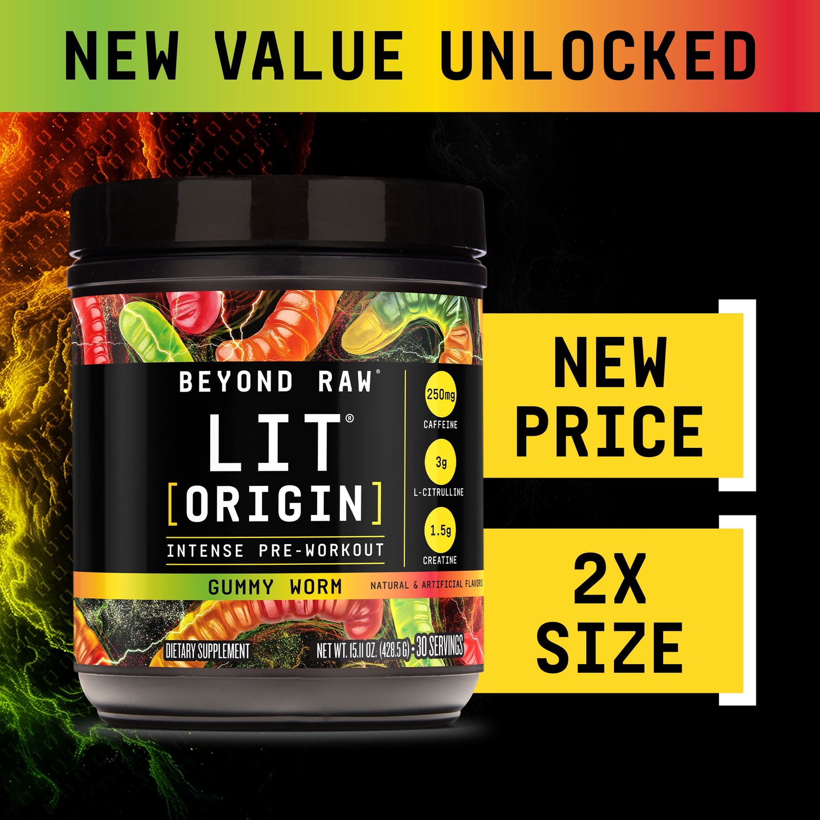 Beyond Raw LIT Origin Pre Workout Powder, Gummy Worm, for Men & Women, Energy