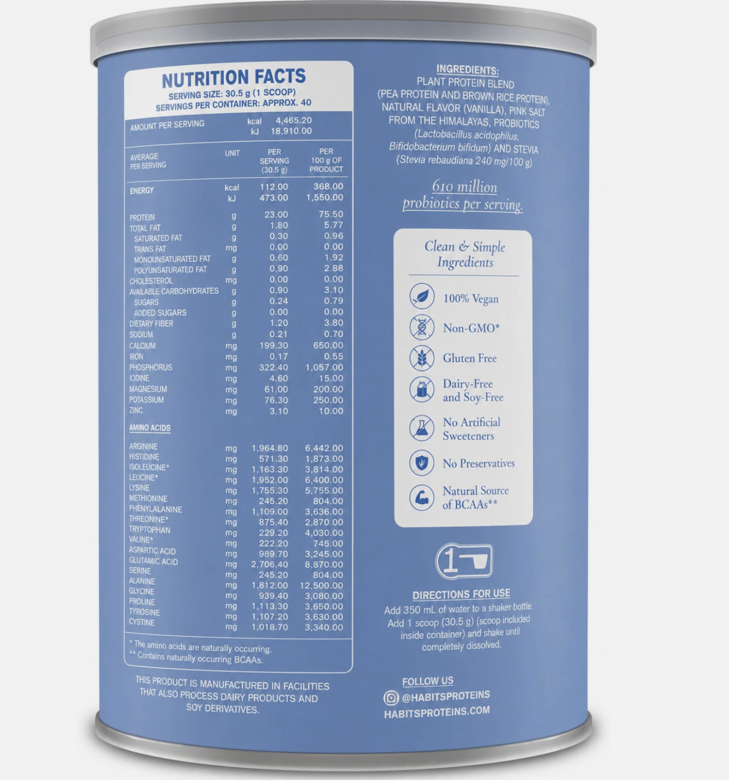 HABITS Vegan Protein Powder Vanilla 1.22kg Plant-Based Protein Blend