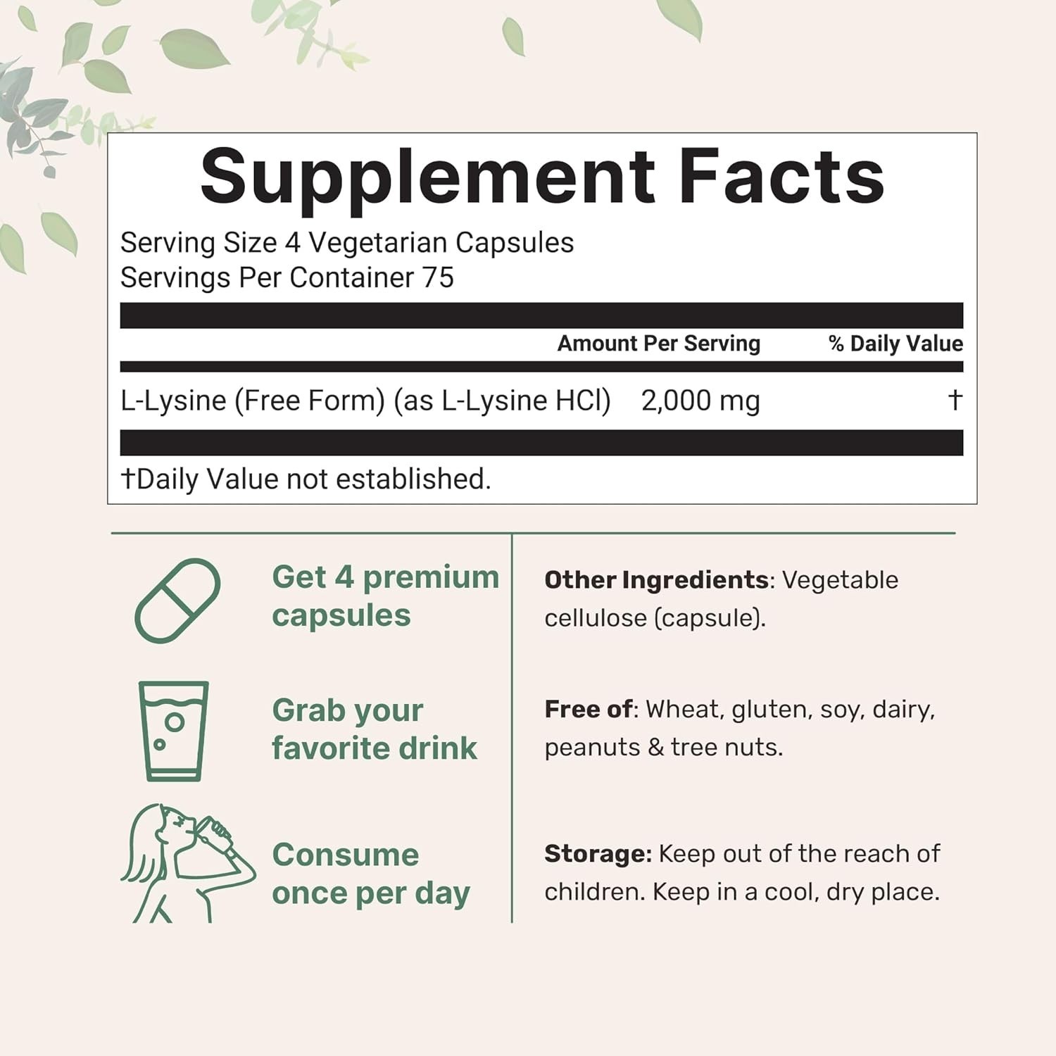 L-Lysine 2000mg | 300 Veggie Capsules – Immune, Lip & Collagen Support Pure Form