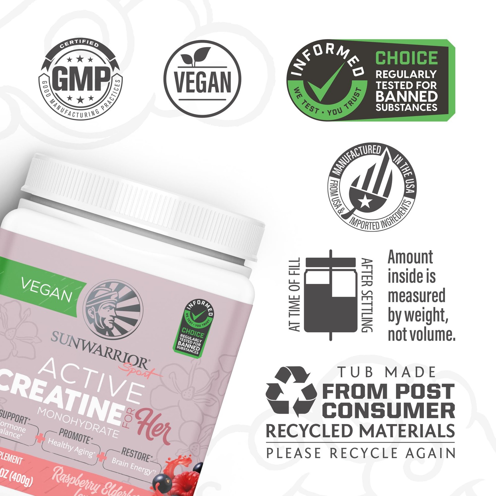 pack of 3 Sunwarrior Raspberry Elderflower Active Creatine Monohydrate for Her,