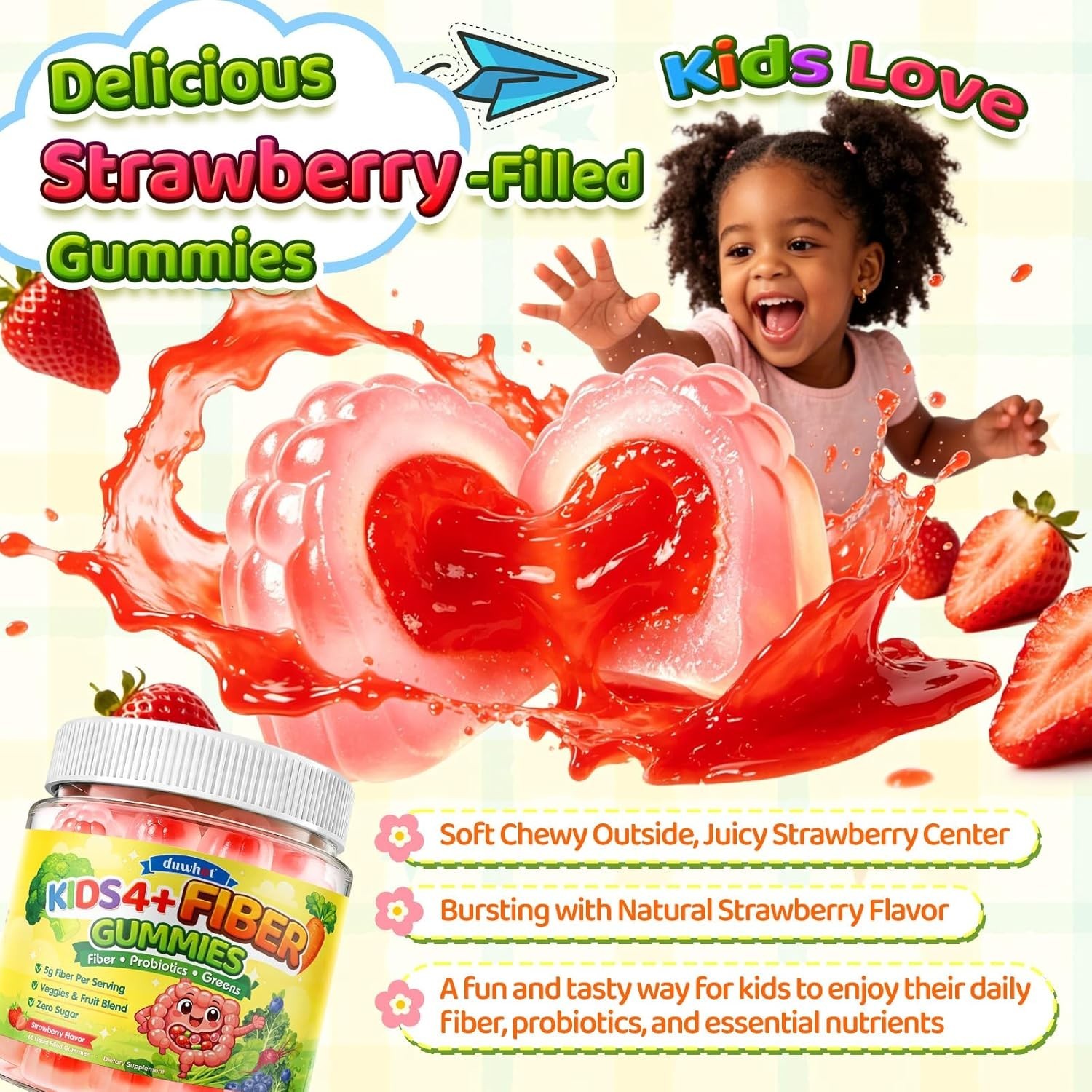 duwhot brand Kids Fiber Gummies 5g, Prebiotic Fiber Supplement with Probiotics