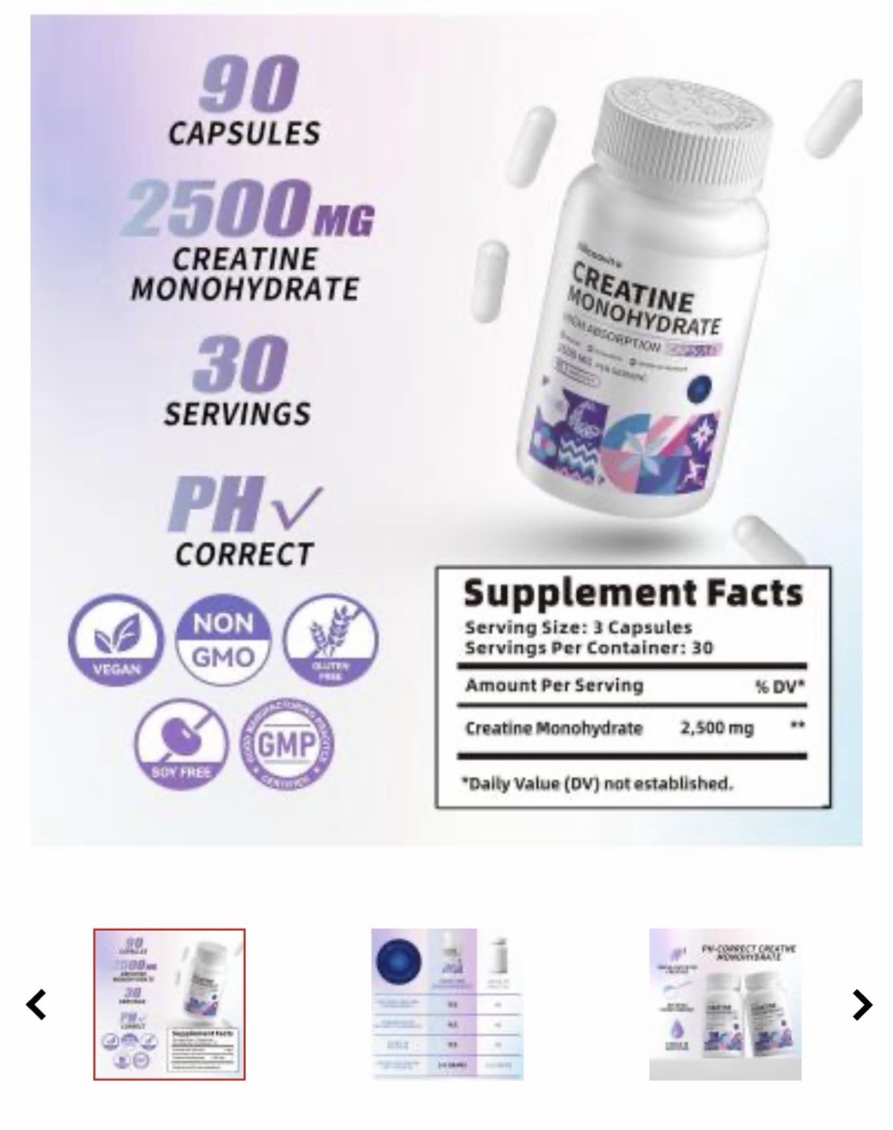 Allcoovita Creatine Monohydrate Capsules 2500mg, 90 Ct (30 Serv) Vegan