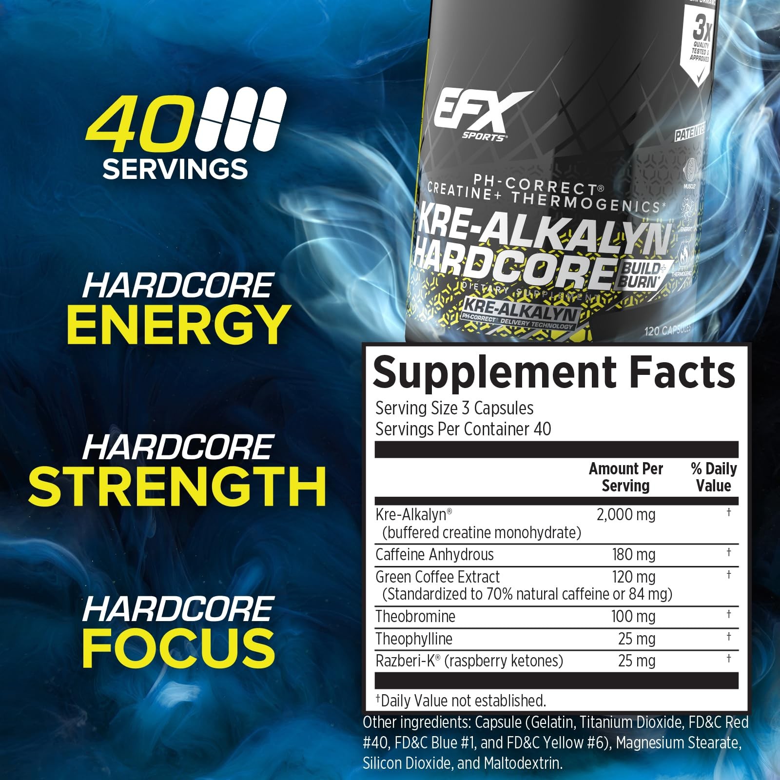 EFX Sports Kre-Alkalyn Hardcore 120 Capsules 120 Count (Pack of 1), No Color