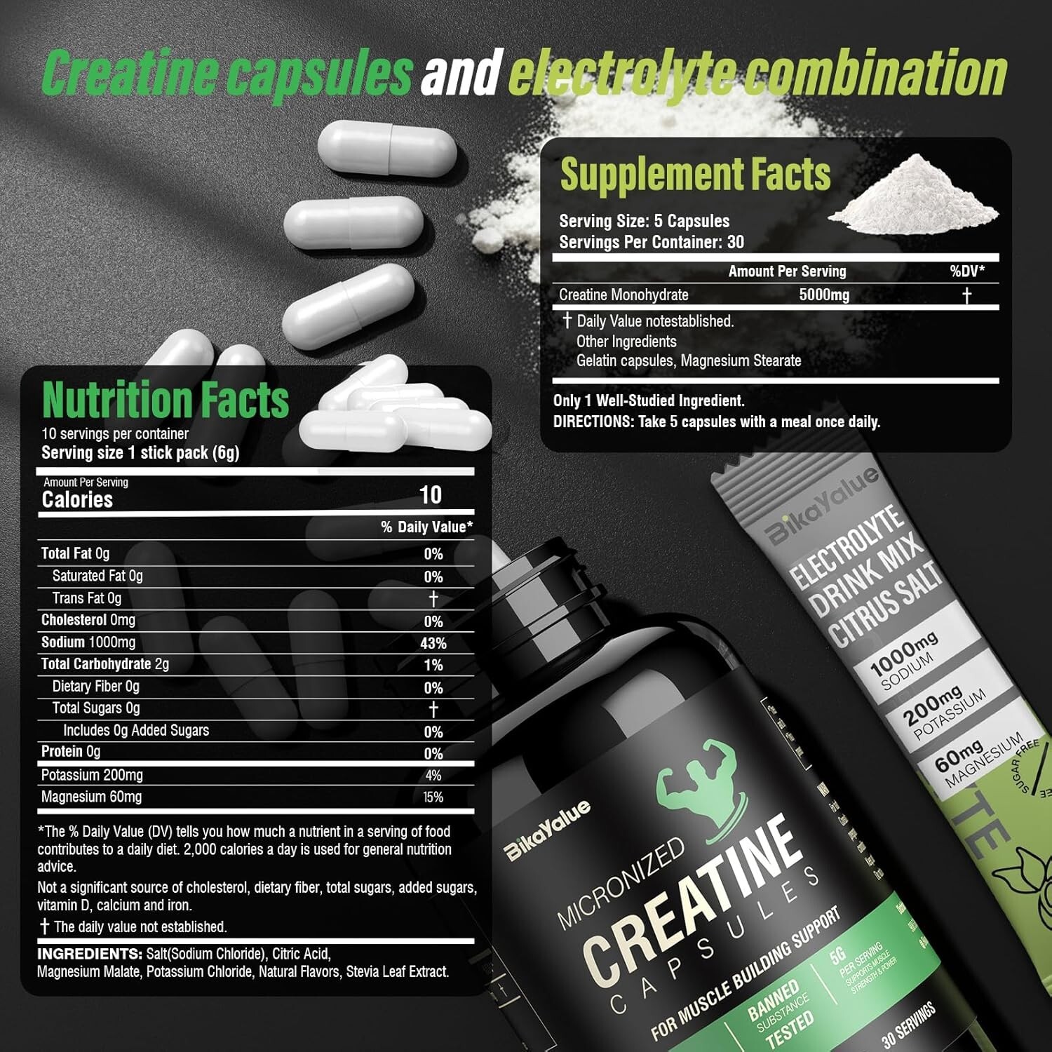 Creatine Capsules & Electrolytes Powder, 150 Creatine Capsules, (30 Servings)