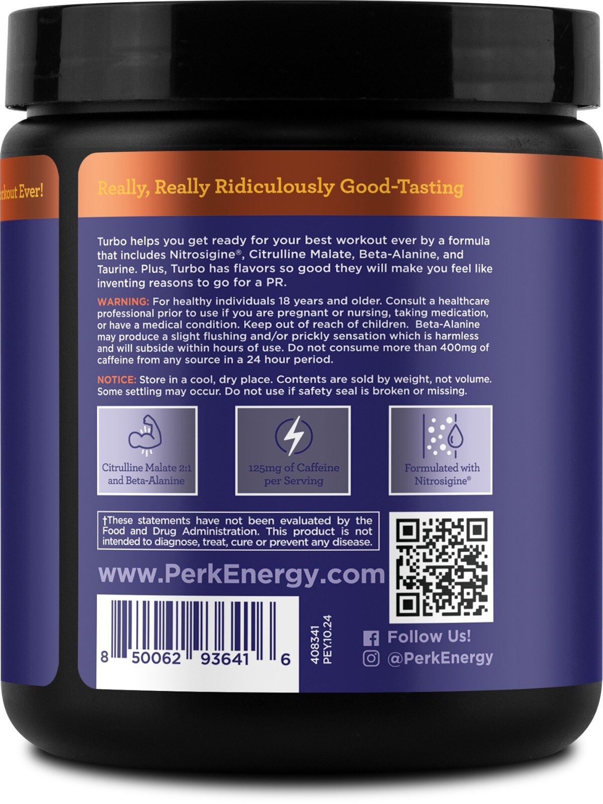 Perk Turbo Pre-Workout Powder (Blueberry Tangerine Flavored) 20 Servings