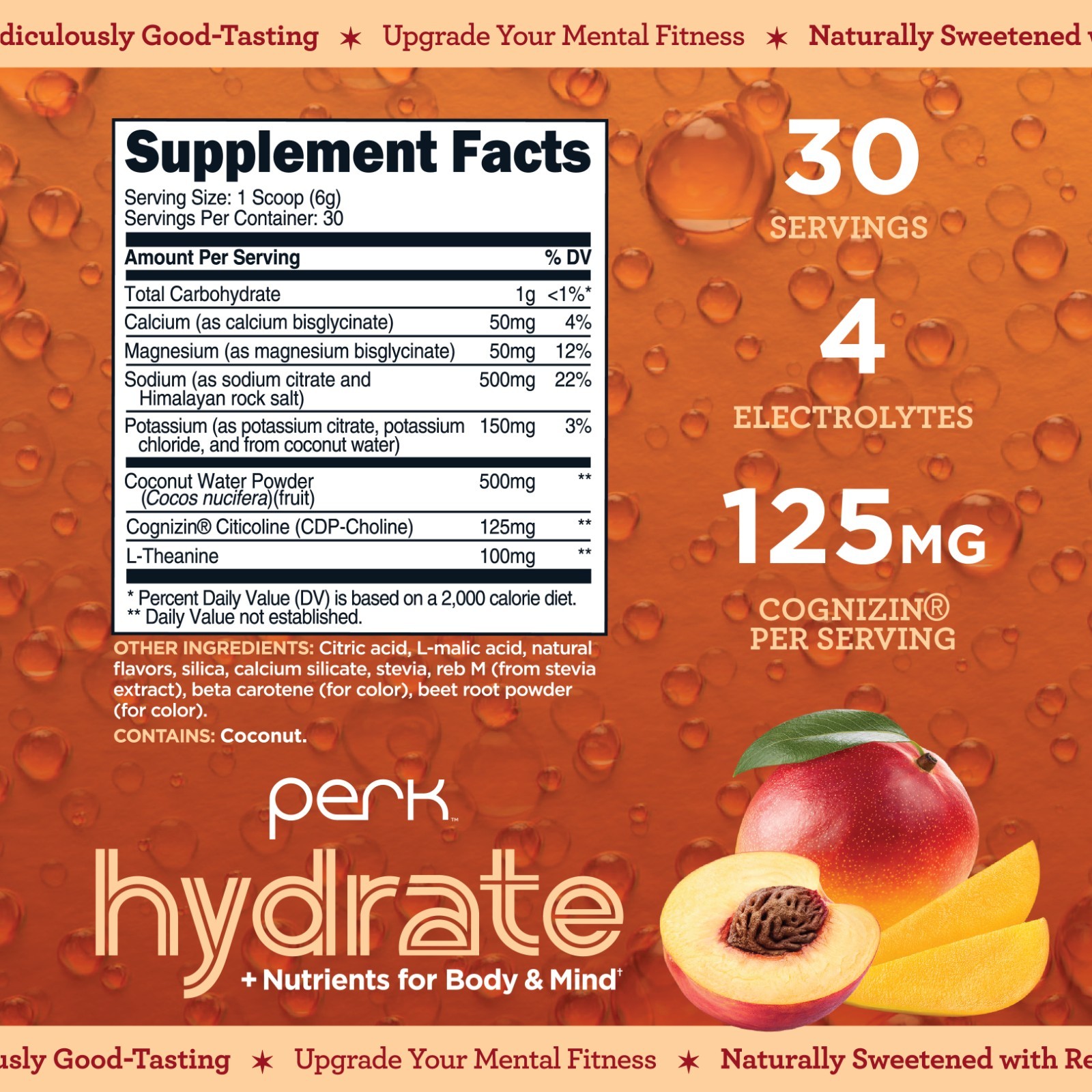 Perk Hydrate Electrolyte Drink Mix Powder Peach Mango Flavored (30 Servings)