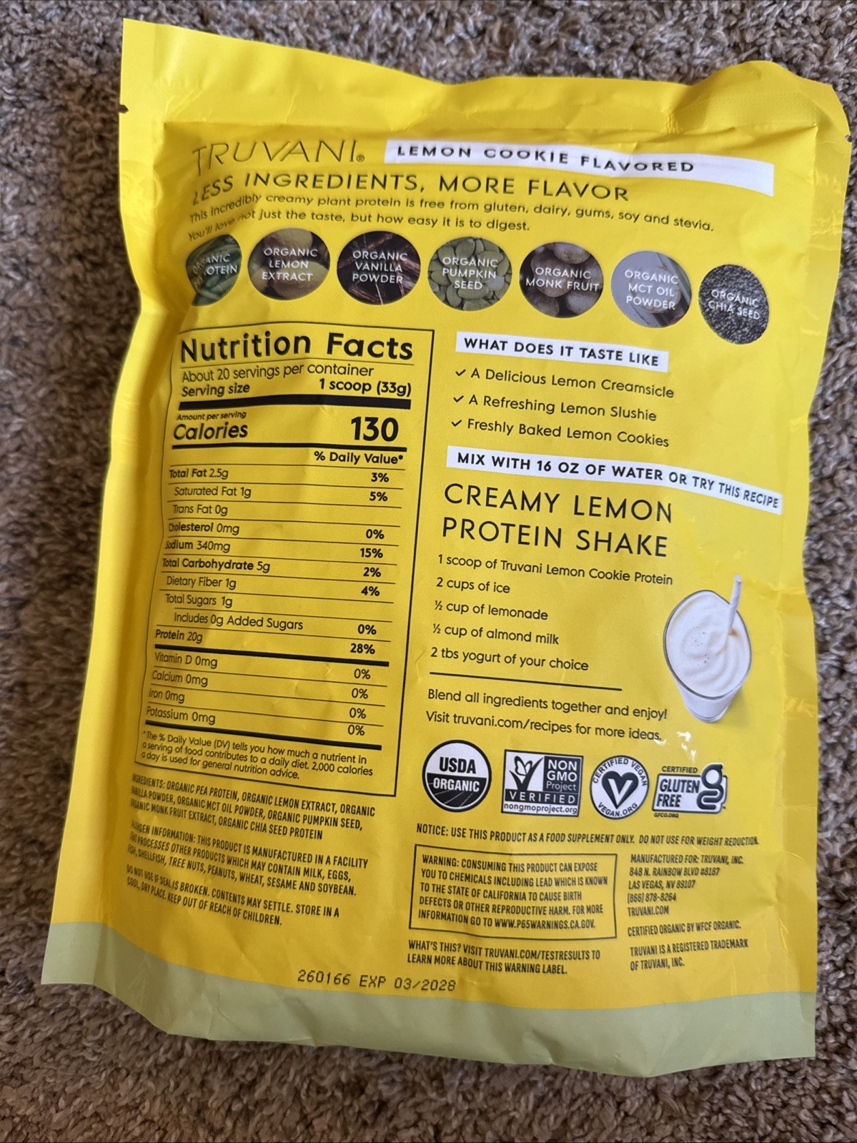 Truvani Vegan Pea Protein Powder Lemon Cookie 20g Organic Plant + 4 Samples
