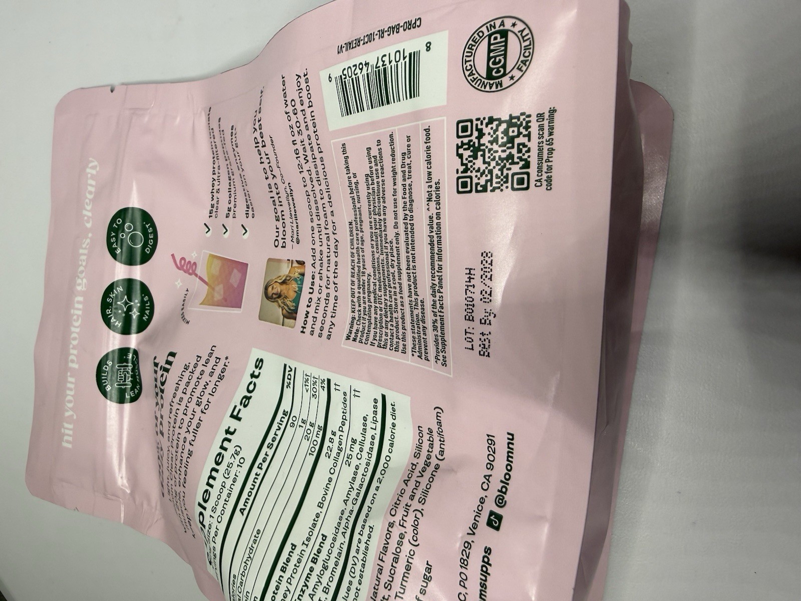 Bloom Clear Protein Powder Raspberry Lemon Whey + Collagen 9.71oz