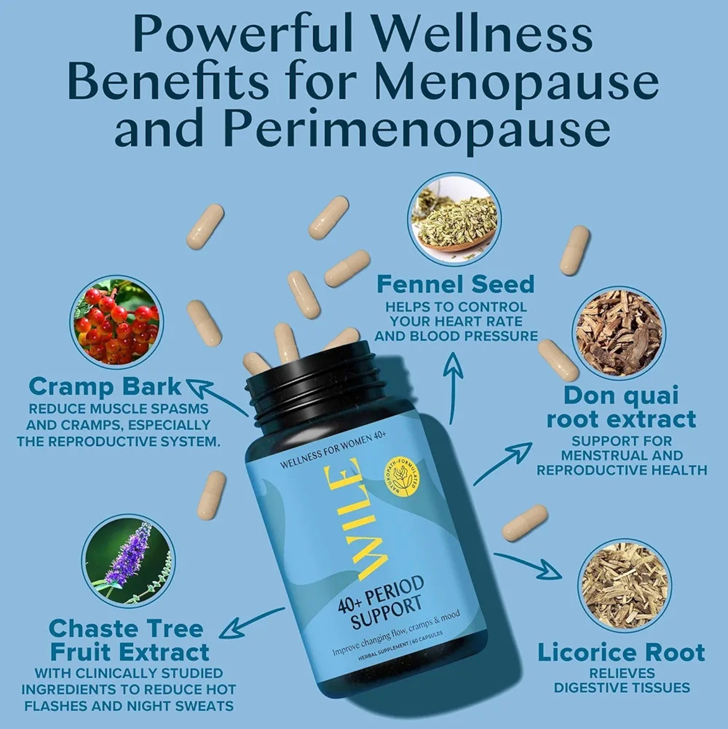 WILE 40 + PERIOD SUPPORT Flow, Cramps & Mood 60 Caps (30 Servings) BEST BY 08/26