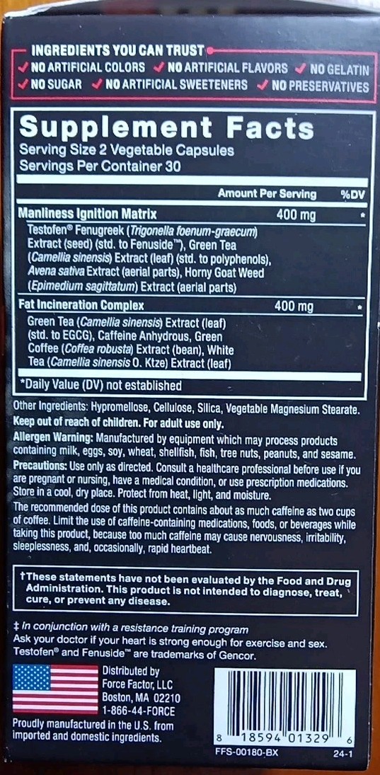 FORCE FACTOR TEST X180 IGNITE TOTAL TEST BURN FAT SEX DRIVE SUPPLEMENT 60 CAPS!!