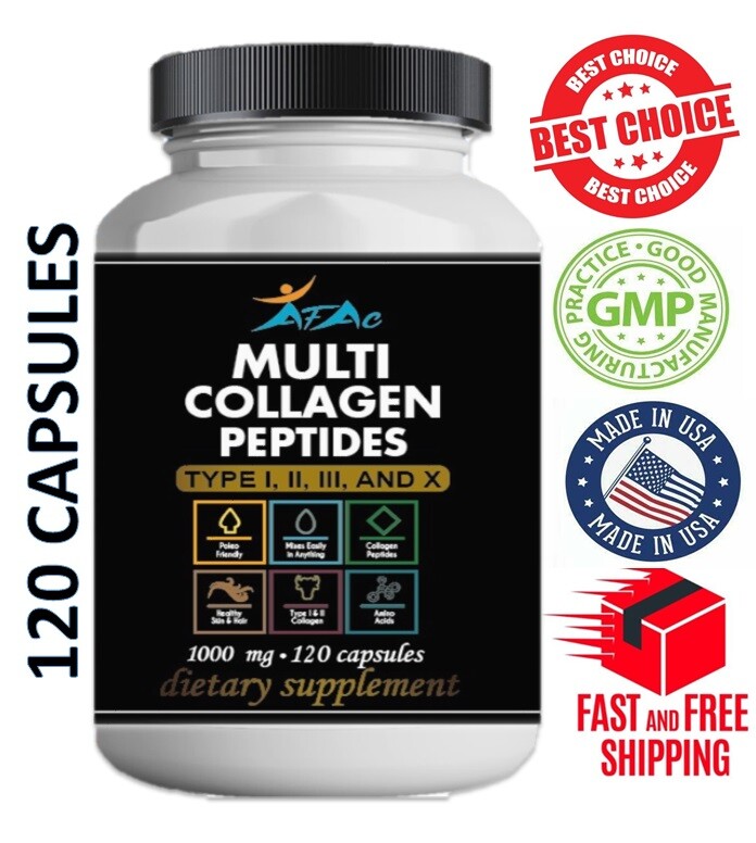Multi Collagen Peptide protein 120 Caps 100o mg Type I,II,III,X Anti-Aging keto