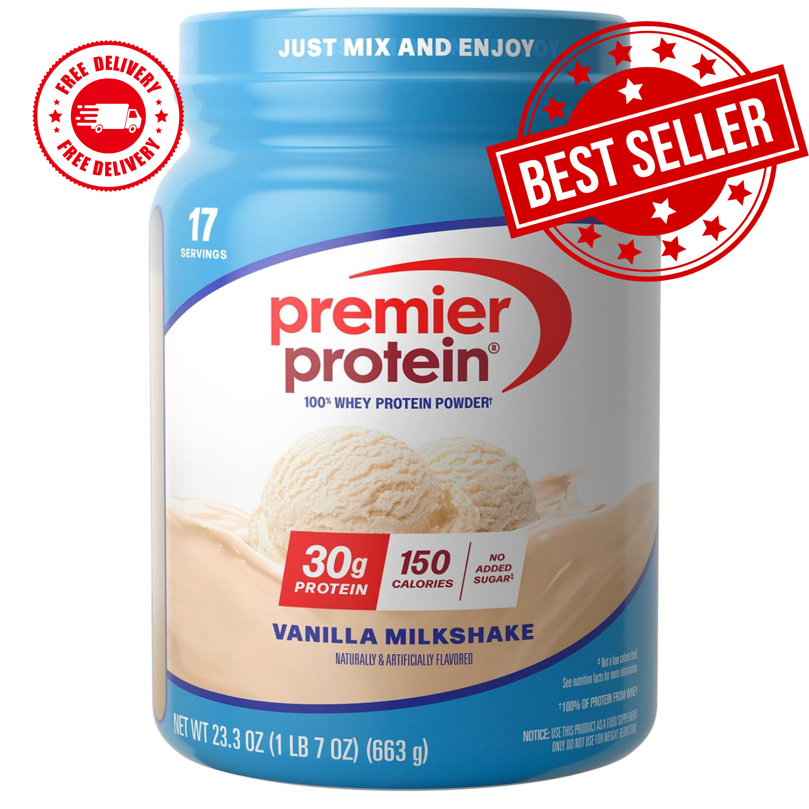 Premier Protein Powder, Vanilla Milkshake 30g Protein 1g Sugar 100% Whey Protein