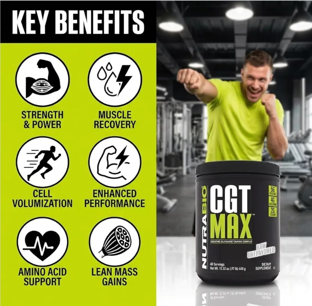New NutraBio CGT-MAX Powder- Creatine, Glutamine & Taurine Muscle Support