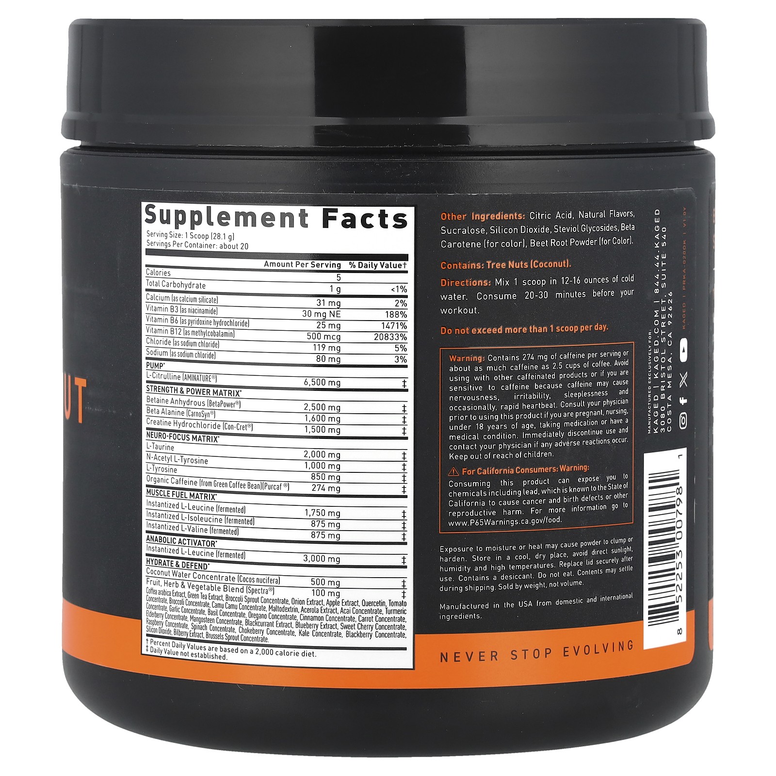 PRE-KAGED, Pre-Workout, Orange Krush, 1.23 lb (558 g)