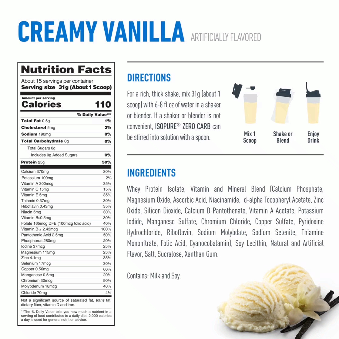 Isopure Zero Carb 100% Whey Protein Isolate Vanilla Protein Powder, 25g, 15 Sers